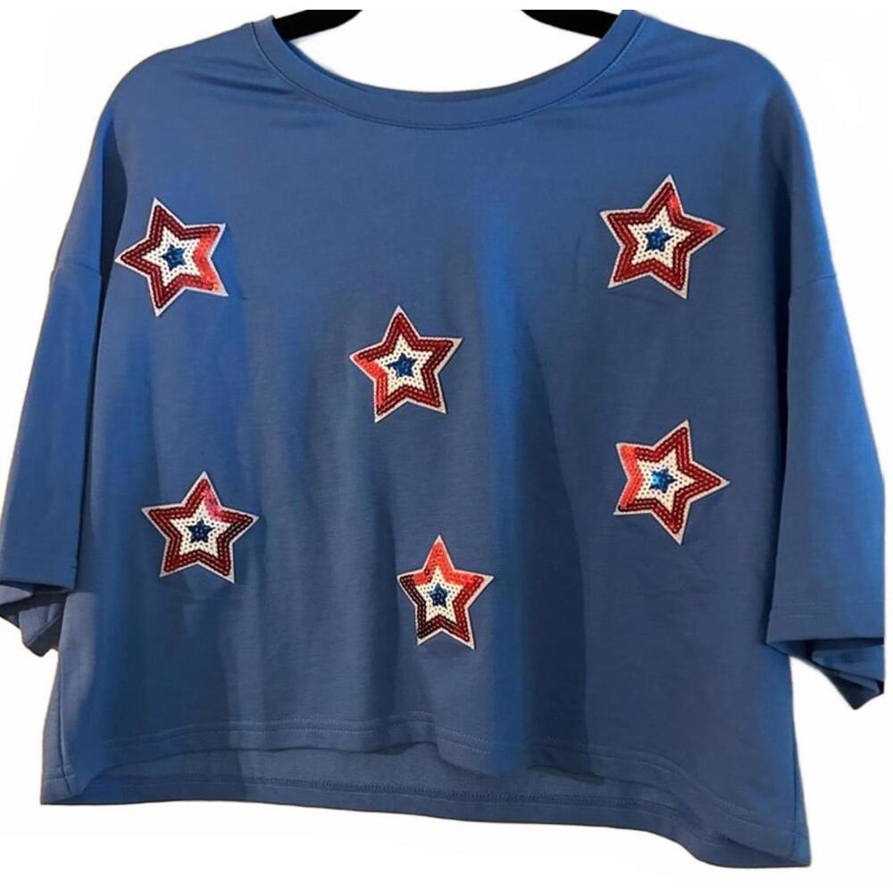 Pink Lily Blue Star Short Sleeve Cropped Tee Size M